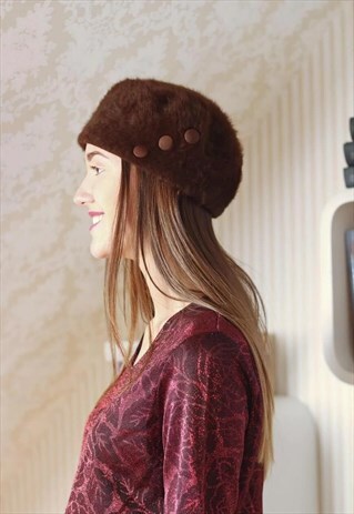BROWN FURRY BERET HAT
