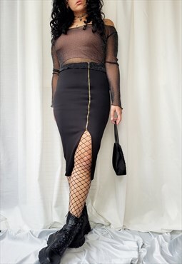Vintage 00s Y2K black front zipper tight stretch midi skirt