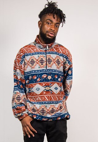 90'S VINTAGE CRAZY PATTERN QUARTER ZIP FLEECE JUMPER