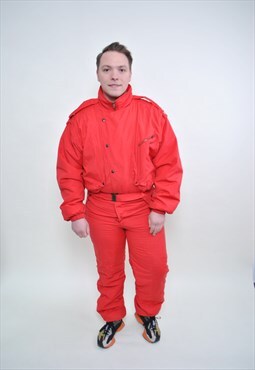 Retro red ski suit, one piece snowsuit LARGE size vintage 