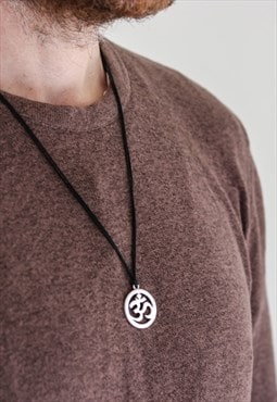 Silver Om necklace for men black string yoga gift festival
