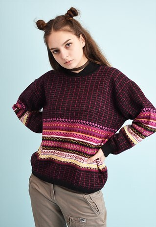 80'S RETRO FAIR ISLE PATTERN SLOUCHY JUMPER