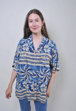 Abstract print vintage blouse, retro vocation shirt 