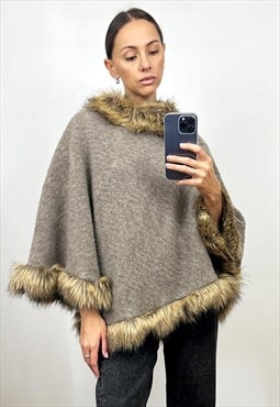 Vintage Beige Wool Poncho, Wool Sweater with Faux Fur