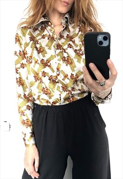 70s Printed Shirt With Dagger Collar - M