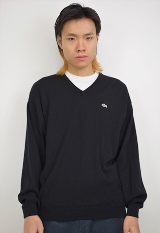 VINTAGE 90S LACOSTE BLACK V-NECK KNIT JUMPER