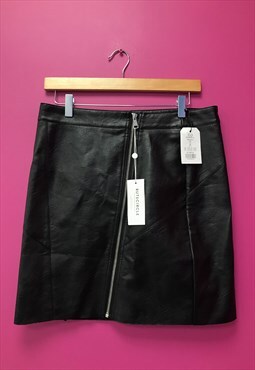 Black Skirt Faux Leather Front Zip 