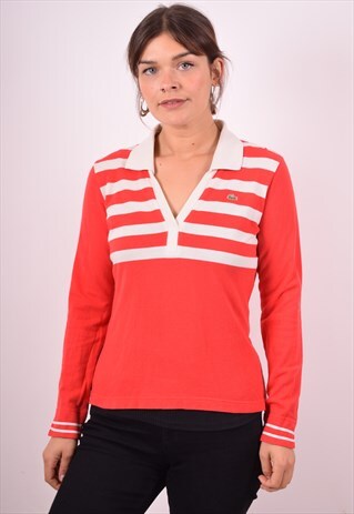 LACOSTE WOMENS VINTAGE POLO SHIRT LONG SLEEVE MEDIUM RED 90S