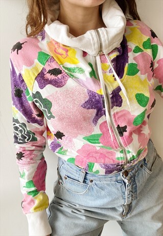 VINTAGE 90S ABSTRACT FLORAL FULL ZIP SWEATSHIRT JUMPER