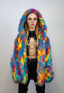 Hooded fauxfur psychedelic jacket 70s bomber neon raver coat