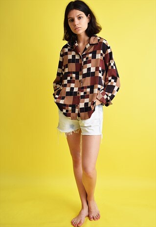 90'S RETRO BOHO CHECKED SQUARE PATTERN OVERSIZED SHIRT TOP