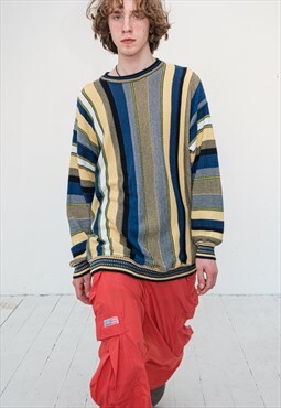90's Vintage cool striped jumper in navy/yellow/green colors