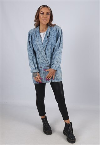 VINTAGE DENIM JACKET FLORAL LONG LONGLINE BLAZER UK 10 (J53Q