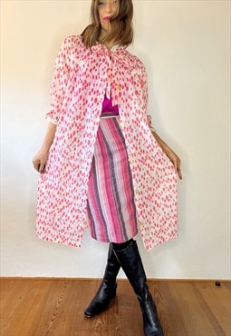 1960s vintage couchette cream house coat with coral polkadot