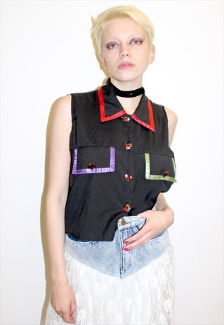 VINTAGE 80S SLEEVELESS COLLARED BLOUSE GEM BUTTONS RETRO FUN