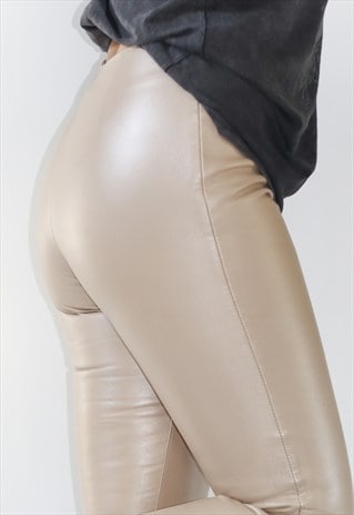 Vintage Pearl Beige Real Leather Next Kick Flare Trousers