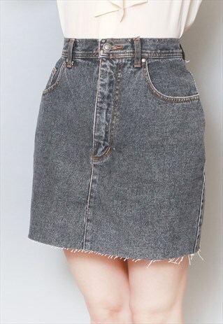 VINTAGE 1980'S STREET ONE BLACK DENIM MINI RAW HEM SKIRT