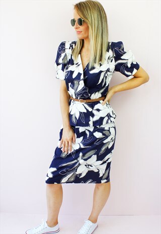 VINTAGE 80'S FLORAL PRINT PEPLUM CROSSOVER MIDI DAY DRESS