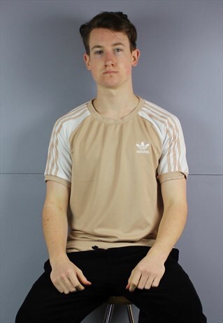 VINTAGE ADIDAS T-SHIRT DRESS IN BEIGE AND WHITE WITH EMBROID