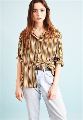 90'S GOES 70'S RETRO STRIPED PRINT CORDUROY SHIRT TOP