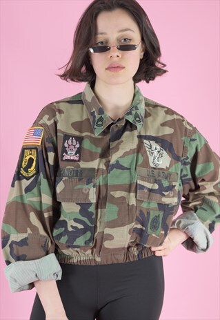 VINTAGE REWORKED CROP JACKET ORIGINAL US ARMY WITH PATCHES