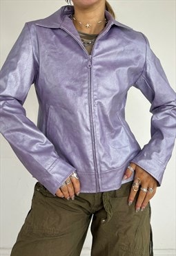 Vintage 90s Jacket Zip Up Faux Leather Lilac Y2k