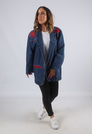 VINTAGE DENIM BLAZER JACKET RODEO LONG LONGLINE UK 14 (DKBY)