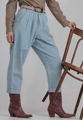 DUSTY BLUE HIGH WAISTED VINTAGE DENIM TROUSERS