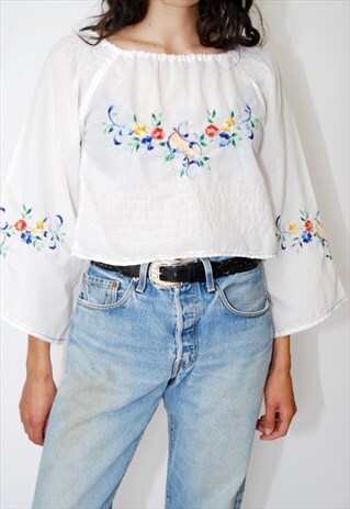 70S MEXICAN BLOUSE (S) VINTAGE WHITE FLORAL EMBROIDERED BOHO