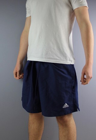 VINTAGE ADIDAS SHORTS IN NAVY WITH POCKETS, EMBROIDERED LOGO