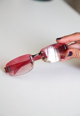 VINTAGE DARK CHROME RIMLESS FRAME, PINK LENSES