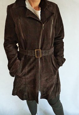 Vintage Genuine Leather Coat Jacket Blazer Raincoat Brown
