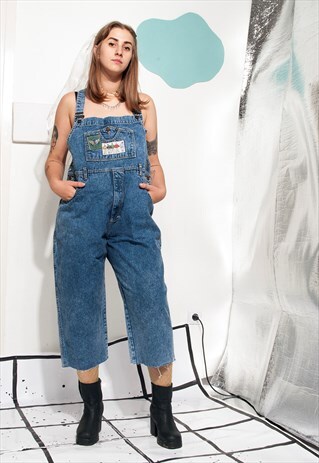 DENIM DUNGAREES 90S VINTAGE CROPPED JEANS JUMPSUIT W PATCH