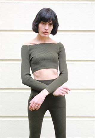 OFF SHOULDER CROP TOP LEGGINGS TRACKSUITS SUIT SET IN GREEN