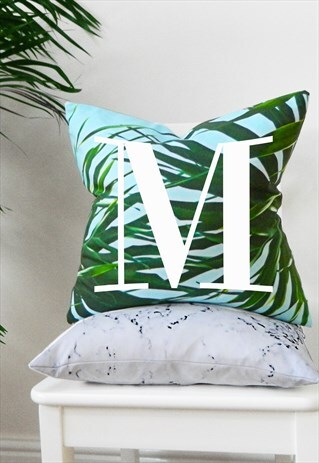 PALM LEAF PRINT ALPHABET CUSHION COVER