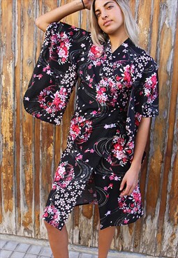 Black Wrap Dress with Pink Floral Print