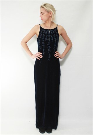 VINTAGE 90' BEAUTIFUL COOL NAVY BLUE VELOUR DRESS