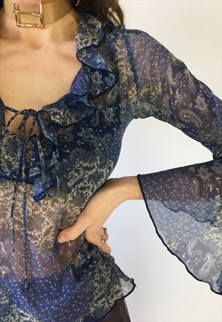 SHEER MESH RUFFLE BLUE PAISLEY Y2K LACE UP TOP