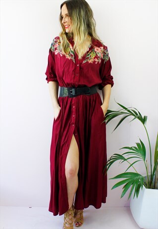 VINTAGE 80'S BURGUNDY FLORAL BUTTON UP MAXI SHIRT DRESS