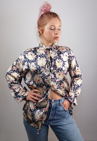 PETER HAHN 90'S PUSSY-BOW SILK FLOWERS SHIRT / BLOUSE