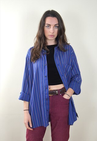 90S VINTAGE DARK BLUE STRIPED FLANNEL SHIRT