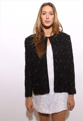 VINTAGE 1980'S 80'S BEADED BLACK SILK TROPHY JACKET M-L