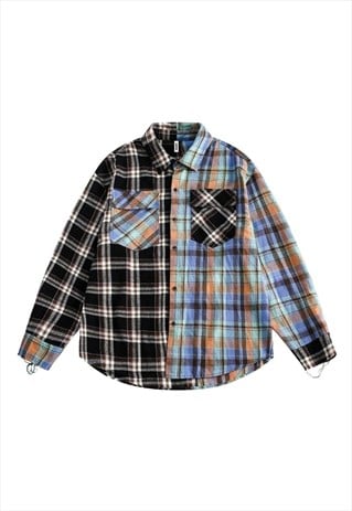 Color block check shirt plaid western blouse in blue black