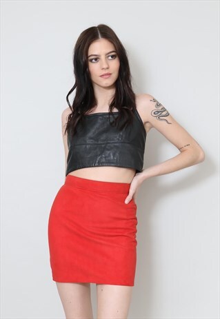 80'S VINTAGE LADIES SKIRT SOFT RED SUEDE PENCIL MINI
