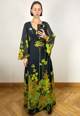 70s Chiffon Black Floral Maxi Dress with Bell Sleeves
