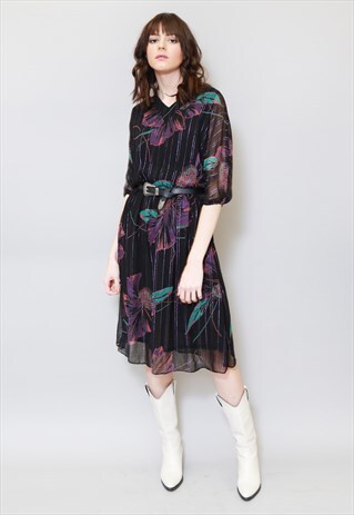VINTAGE 1970'S FLORAL & STRIPE PRINT FOLK MIDI DRESS