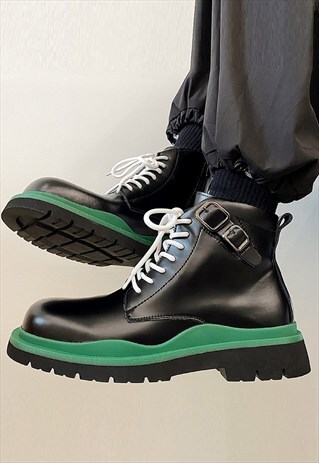 GRUNGE LACE UP BOOTS GREEN PLATFORM SHOES CHUNKY SOLE BLACK