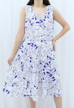 90s Vintage White & Blue Floral Midi Dress
