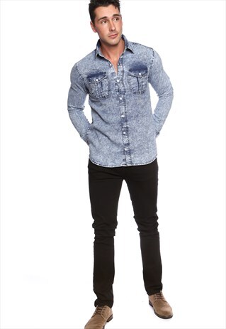STYLISH DENIM CASUAL SLIM FIT SHIRT IN ACID WASH