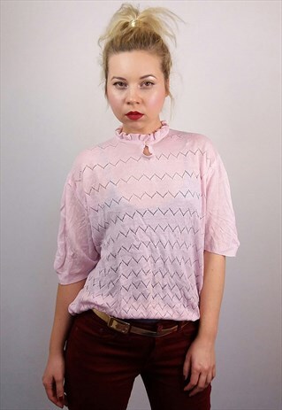 VINTAGE 90'S HIGH NECK GIRLY KNIT TOP IN POWDER PINK